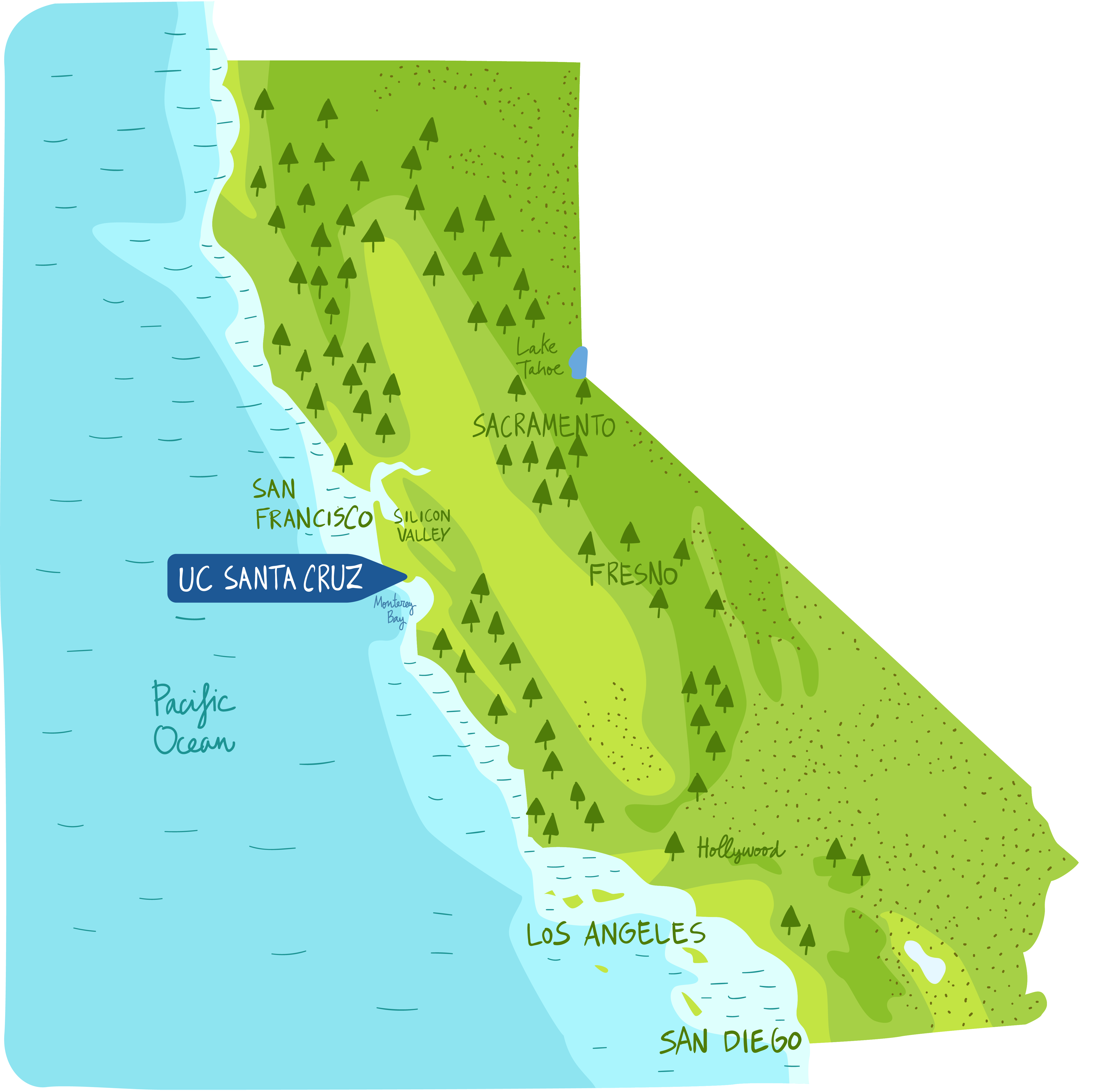 Illustration of the state of California with key cities and ֱ called out.